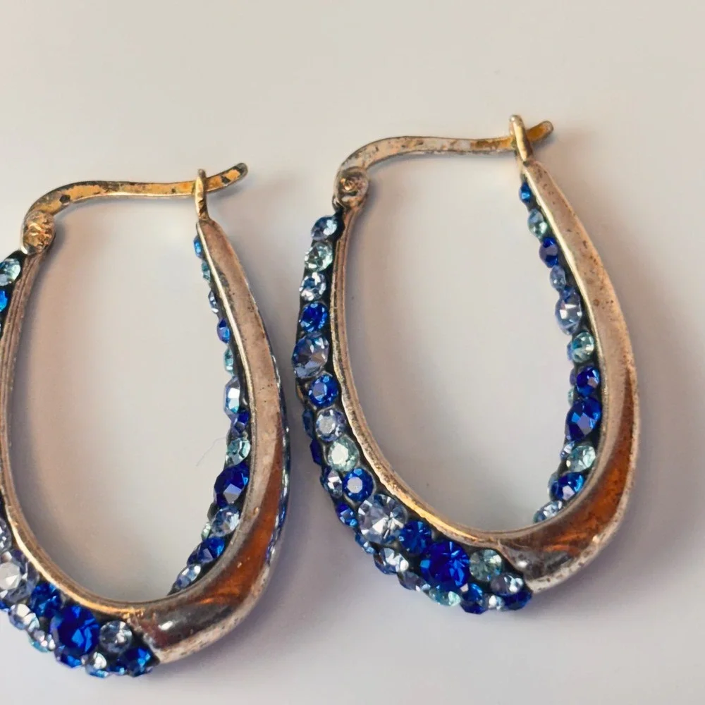 Vintage Hoop Earrings Blue Crystal Brass Thailand Boho Statement Jewelry